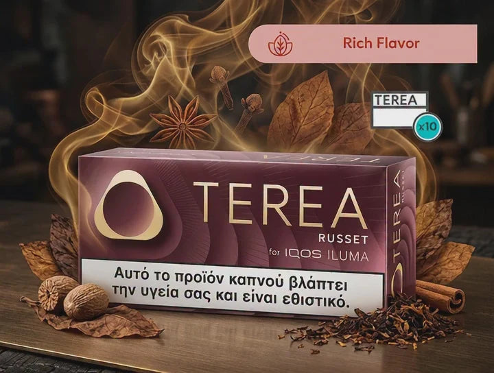 A box of TERA Russet IQOS ILUMA tobacco smokeless product, labeled 'Rich Flavor', displayed on a wooden surface with cinnamon sticks, walnuts, and dried leaves. The background is dark with golden smoke swirls.