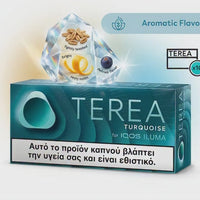 A box of Terea Turquoise for IQOS ILUMA smoking liquid, featuring a turquoise and teal design with a flavor graphic of citrus and berry notes, on a light gray background.