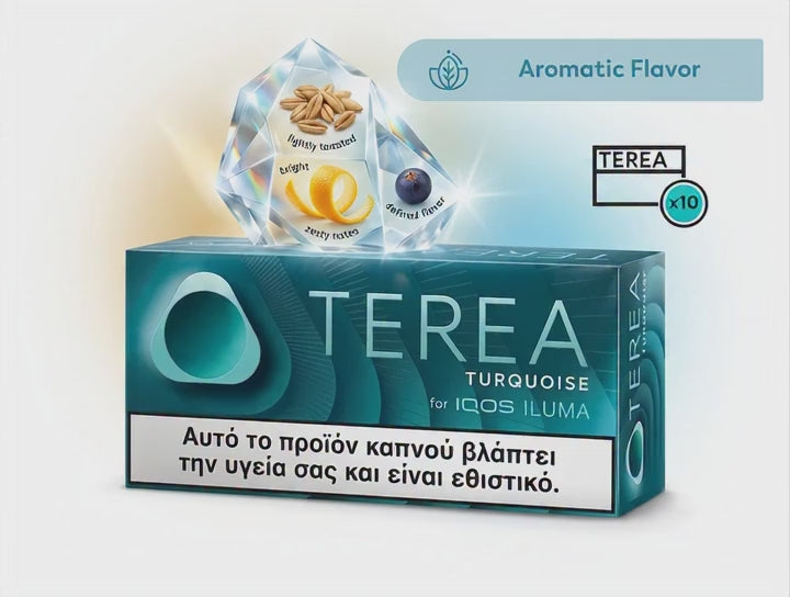 A box of Terea Turquoise for IQOS ILUMA smoking liquid, featuring a turquoise and teal design with a flavor graphic of citrus and berry notes, on a light gray background.