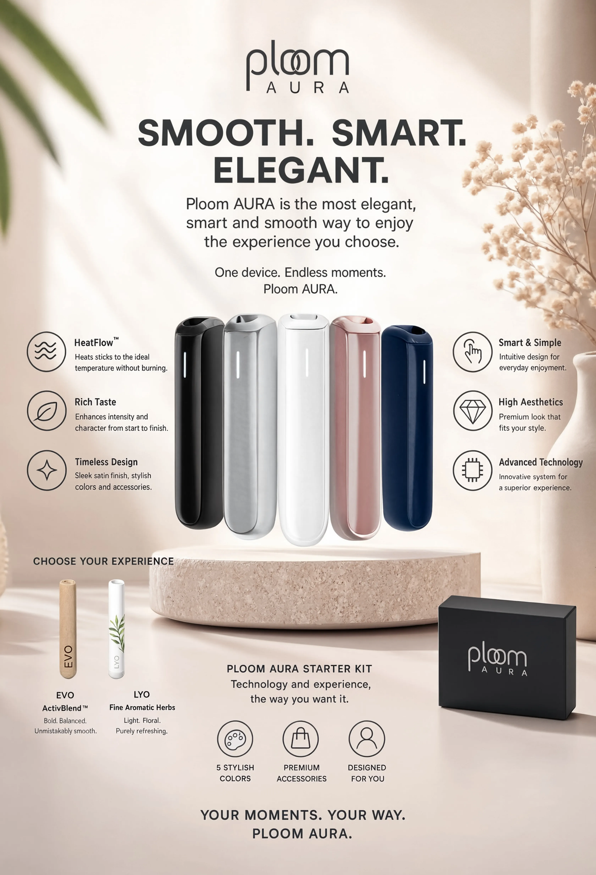 Promotional graphic for the Ploom Aura vape device, showing multiple color options (black, gray, white, rose gold, navy) alongside accessories like an EVD and LYO vape oil bottle, a black branded box, and various feature callouts on a beige background.