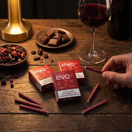 A hand holds a red EVO disposable vape pen on a rustic wooden table, with three red EVO product boxes, several loose pens, a glass of red wine, chocolate pieces, and dried fruit in the background.
