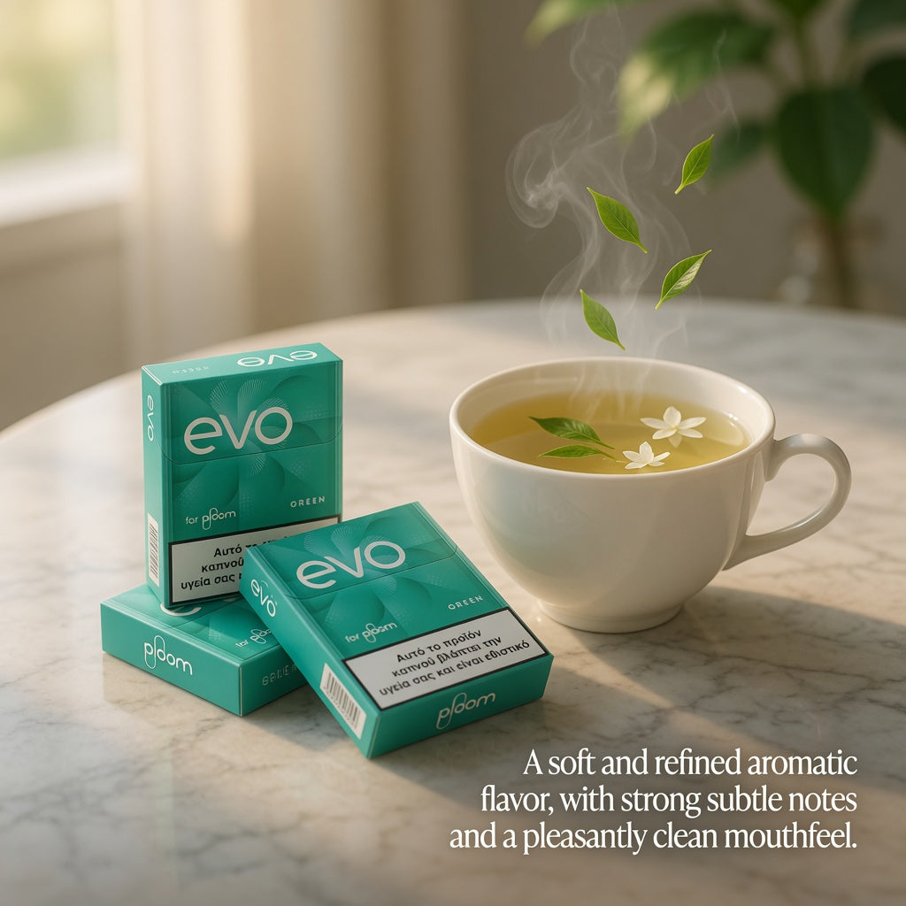 Three teal VOOOO EVO green flavor pouches are arranged on a light marble tabletop next to a white ceramic cup of tea with floating green leaves and a small white flower. The scene is softly lit with a blurred indoor background and a plant in the distance.