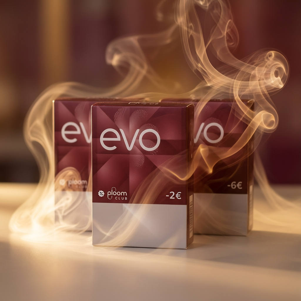 Three packs of EVO disposable cigarettes by Ploom Club arranged on a tabletop with dramatic warm lighting and swirling smoke effects. The front pack is fully visible, with two partially obscured packs behind it.