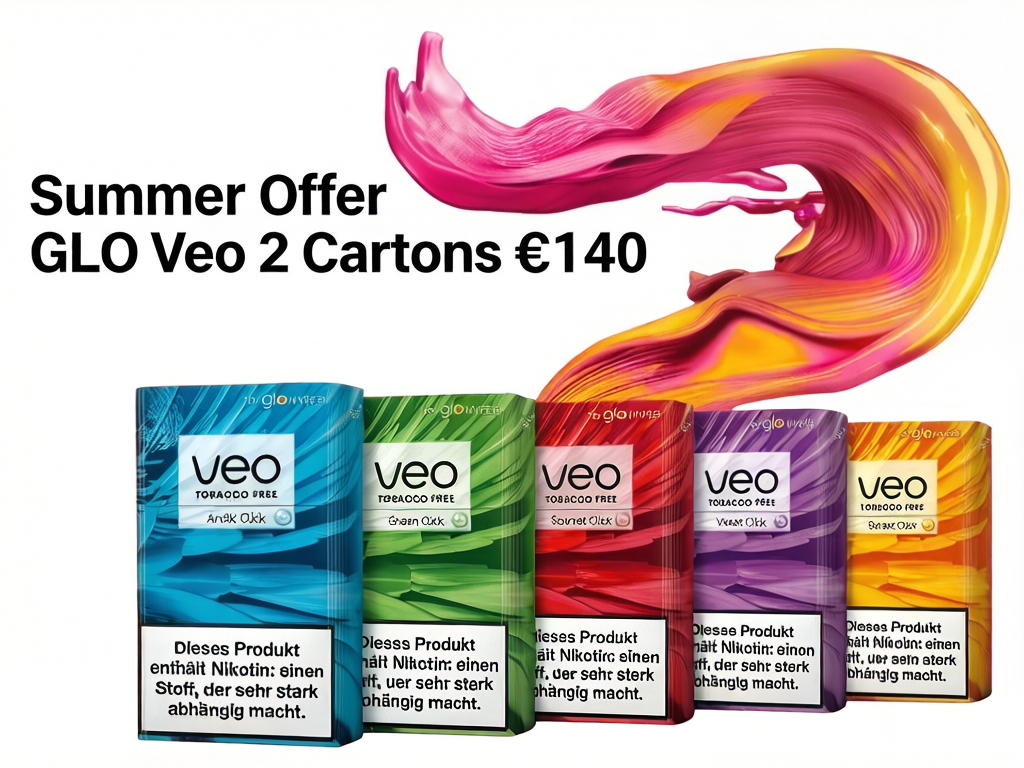GLO Veo 2 cartons with colorful design and text on a white background