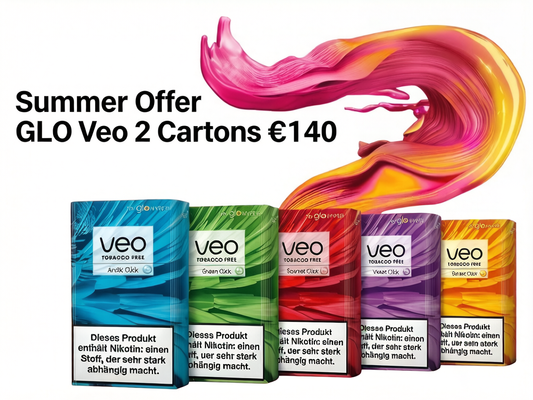 GLO Veo 2 cartons with colorful design and text on a white background