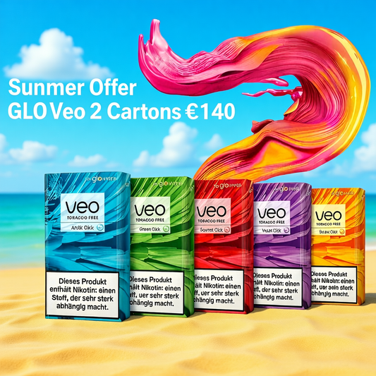 GLO Veo 2 cartons with colorful design on a beach background
