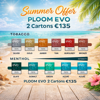 Promotional graphic for Ploom EVO with beach background and summer offer text.