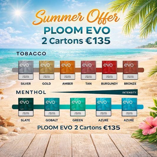Promotional graphic for Ploom EVO with beach background and summer offer text.