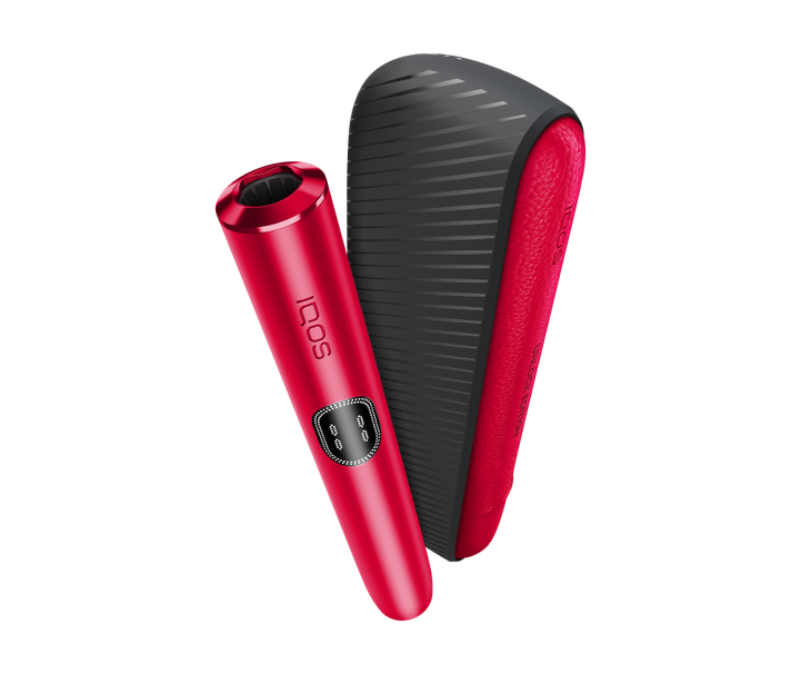A red and black electronic personal massager shown with its matching red carrying case on a plain white background.