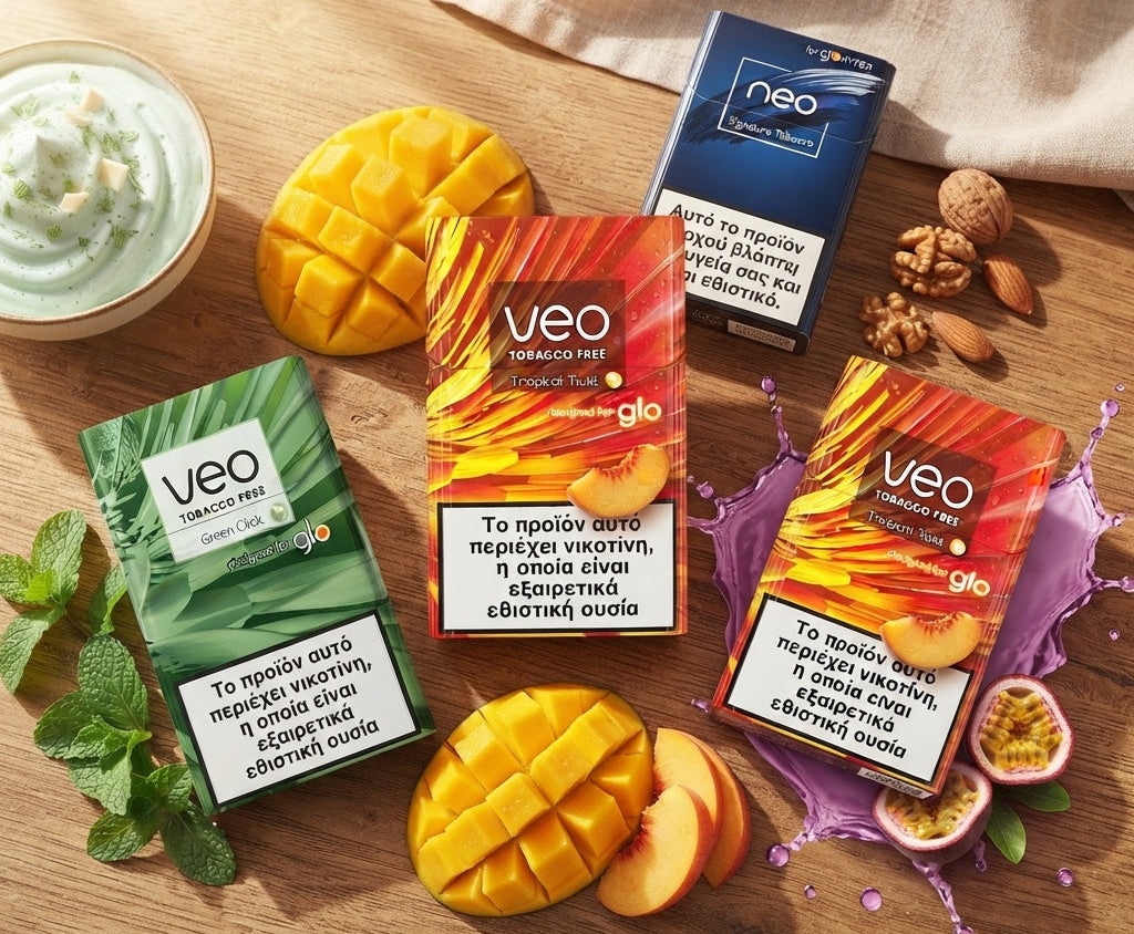 Four VEO Nicotine Free tobacco pouches in different flavors (Green Mango, Mango, Peach, and Blue Passionfruit) arranged on a wooden table with fruit slices, a bowl of mint, and a napkin.