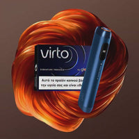 Blue vape device with 'Virto' packaging on a swirling orange and red background