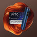 Blue vape device with 'Virto' packaging on a swirling orange and red background