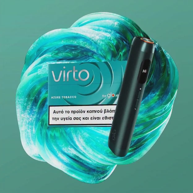 Vaping device with 'virto' packaging on a green background