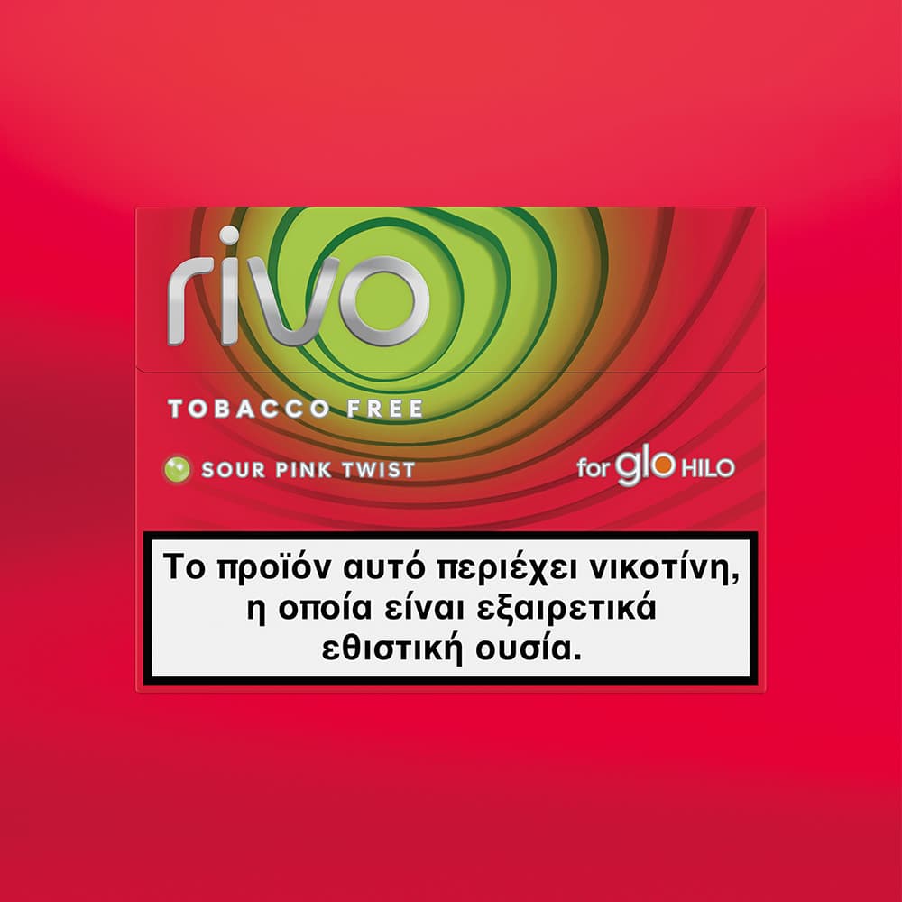Rivo tobacco-free product packaging with red background
