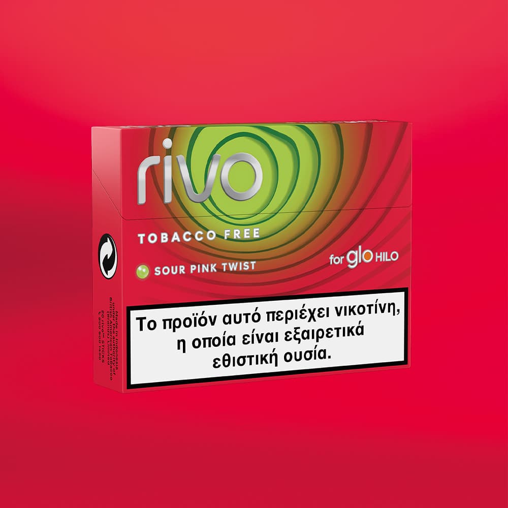 Rivo tobacco-free product packaging with a red background