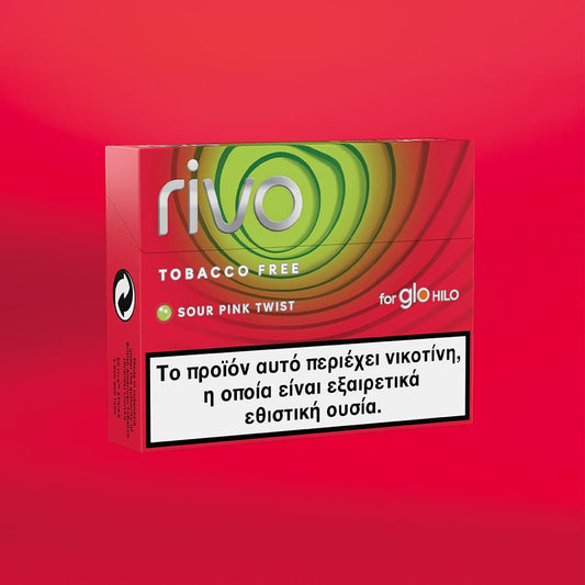 Rivo tobacco-free product packaging with a red background