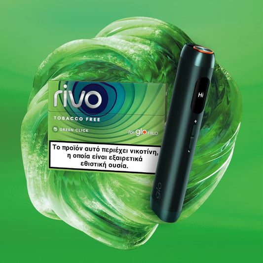 Rivo tobacco-free device and packaging on a green background
