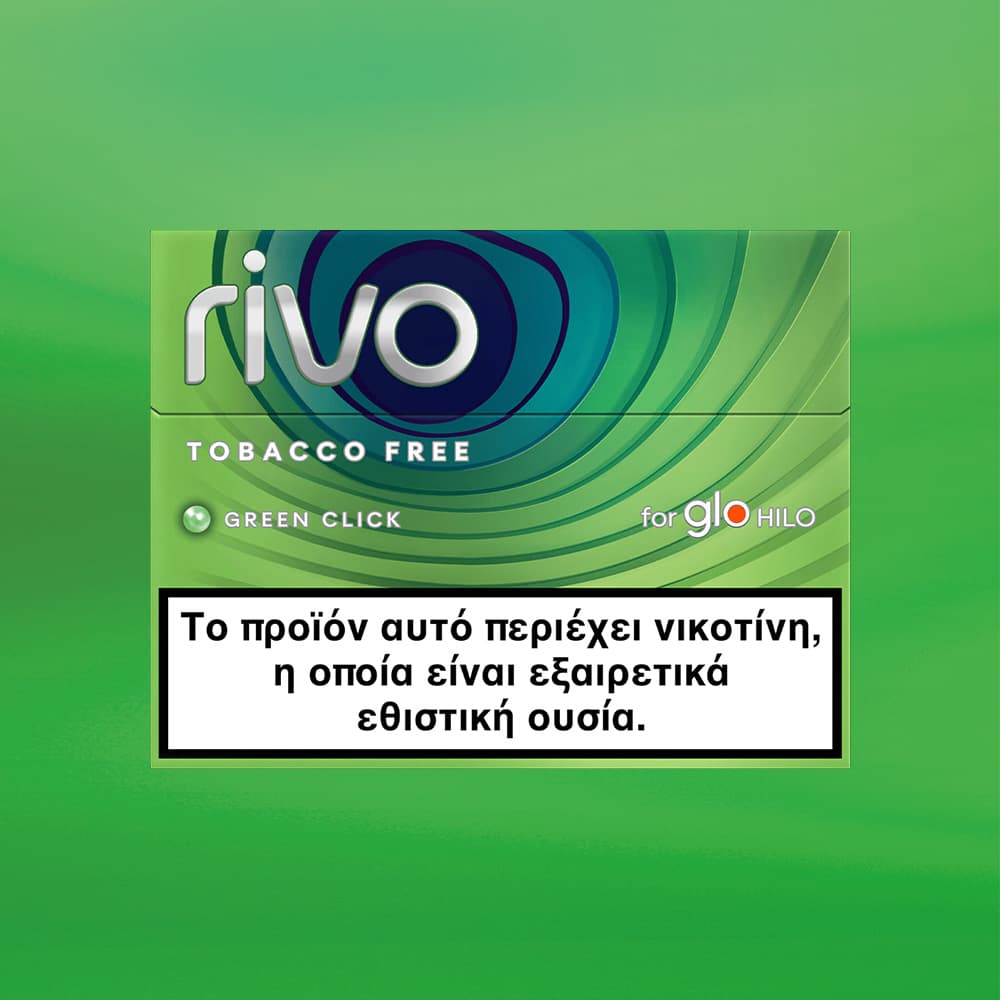 Rivo tobacco-free product packaging on a green background with text.