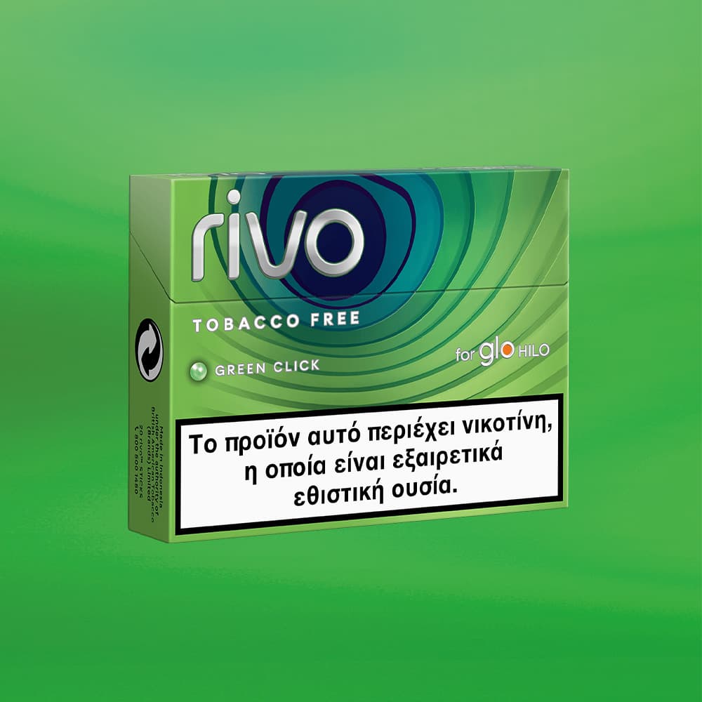 Green Rivo tobacco-free product packaging on a green background