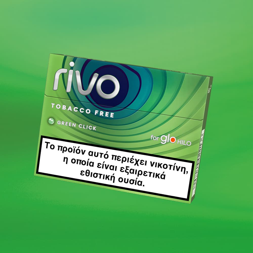 Rivo tobacco-free product packaging on a green background