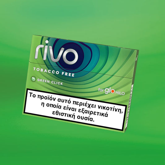 Rivo tobacco-free product packaging on a green background