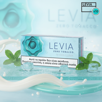 Levia zero tobacco product packaging with mint leaves and water droplets on a light blue background