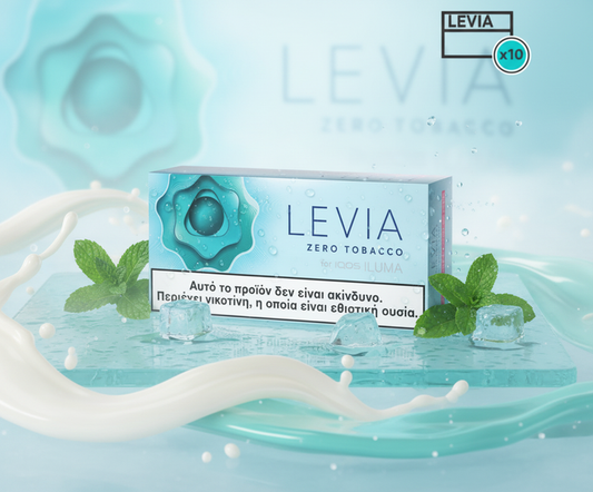 Levia zero tobacco product packaging with mint leaves and water droplets on a light blue background