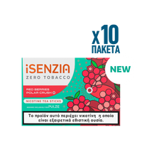 A pack of iSenzia Zero Tobacco Red Berries Polar Crush O nicotine tea sticks, shown with a graphic overlay indicating a pack of 10 ('x10 ΠΑΚΕΤΑ') and a 'NEW' label on a plain white background.