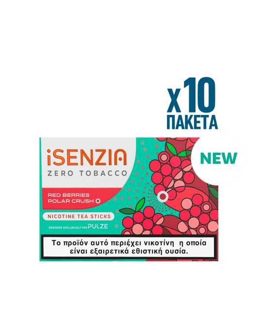 A pack of iSenzia Zero Tobacco Red Berries Polar Crush O nicotine tea sticks, shown with a graphic overlay indicating a pack of 10 ('x10 ΠΑΚΕΤΑ') and a 'NEW' label on a plain white background.